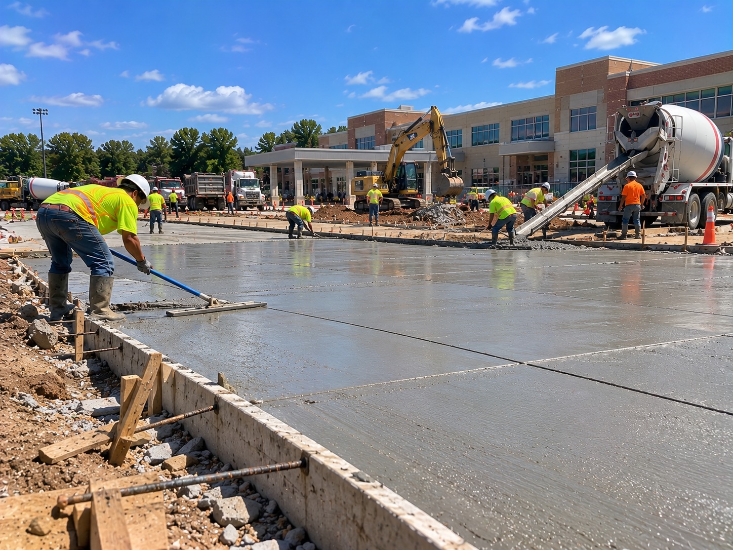 Crew placing a large commercial concrete slab in Atlanta